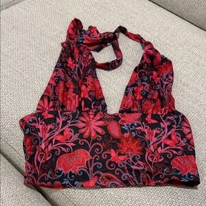 Floral Halter Bralette - Red and Black